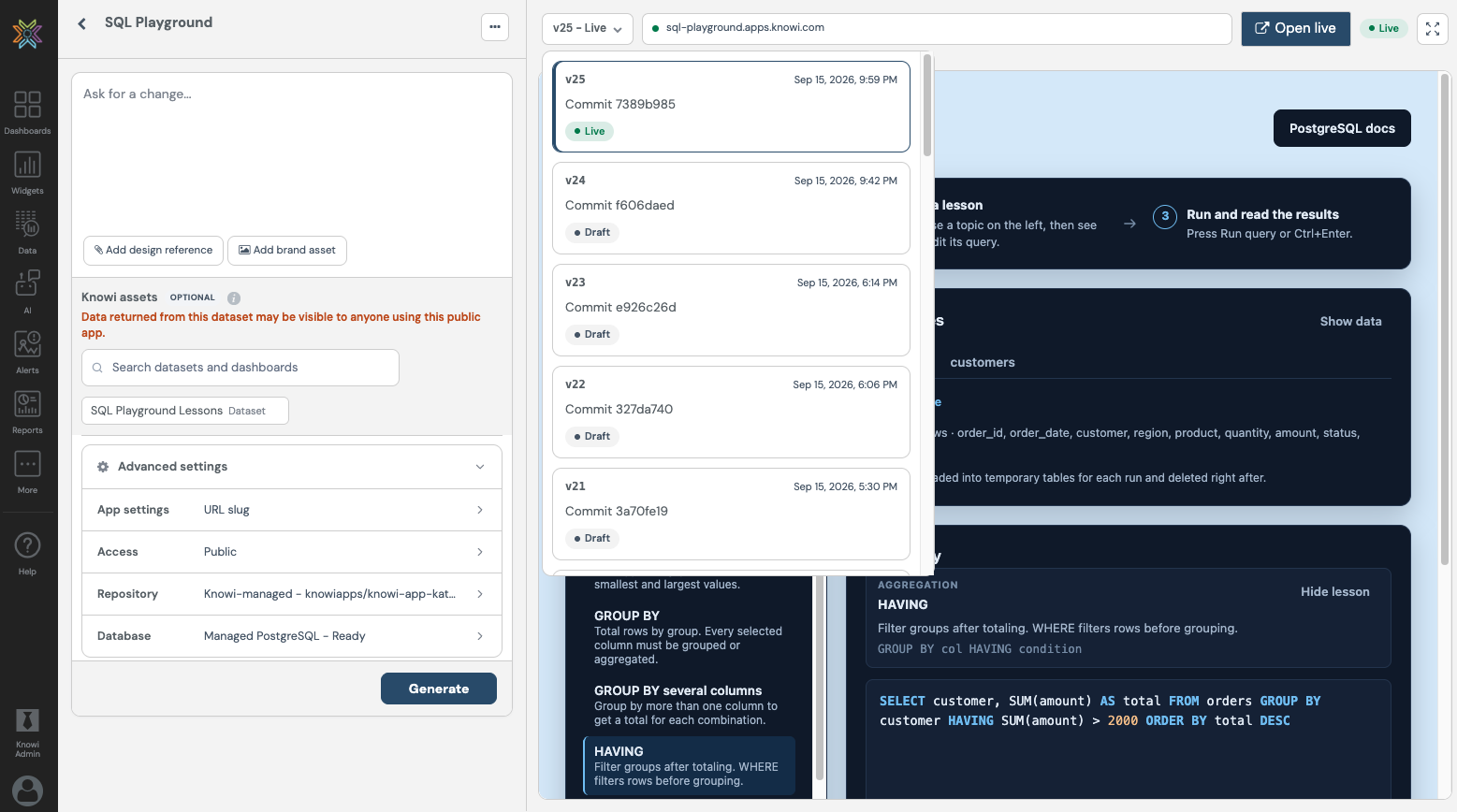 Version selector and App preview in the editor